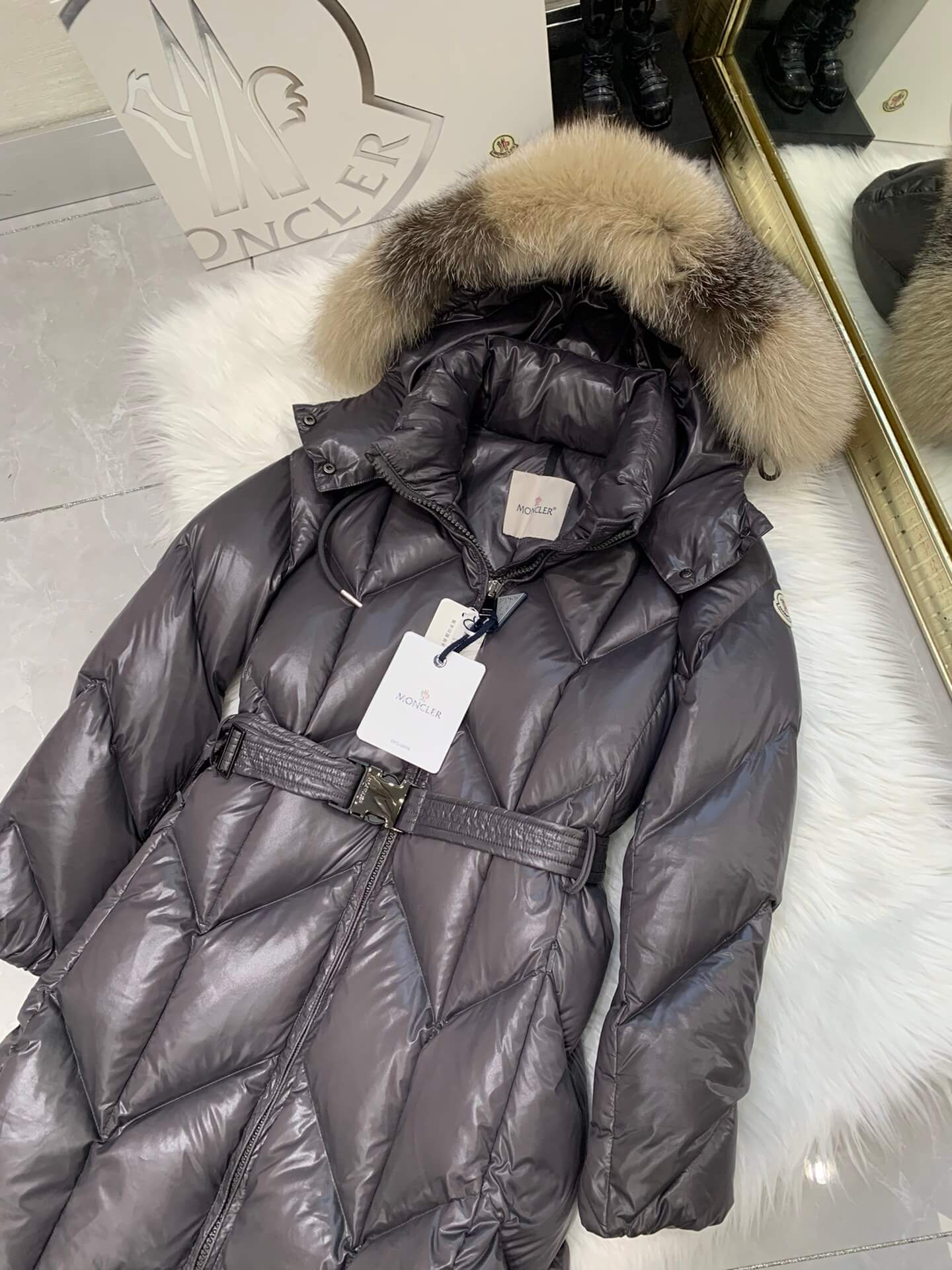Moncler New Knee-Length Women's Down Jacket in Grey