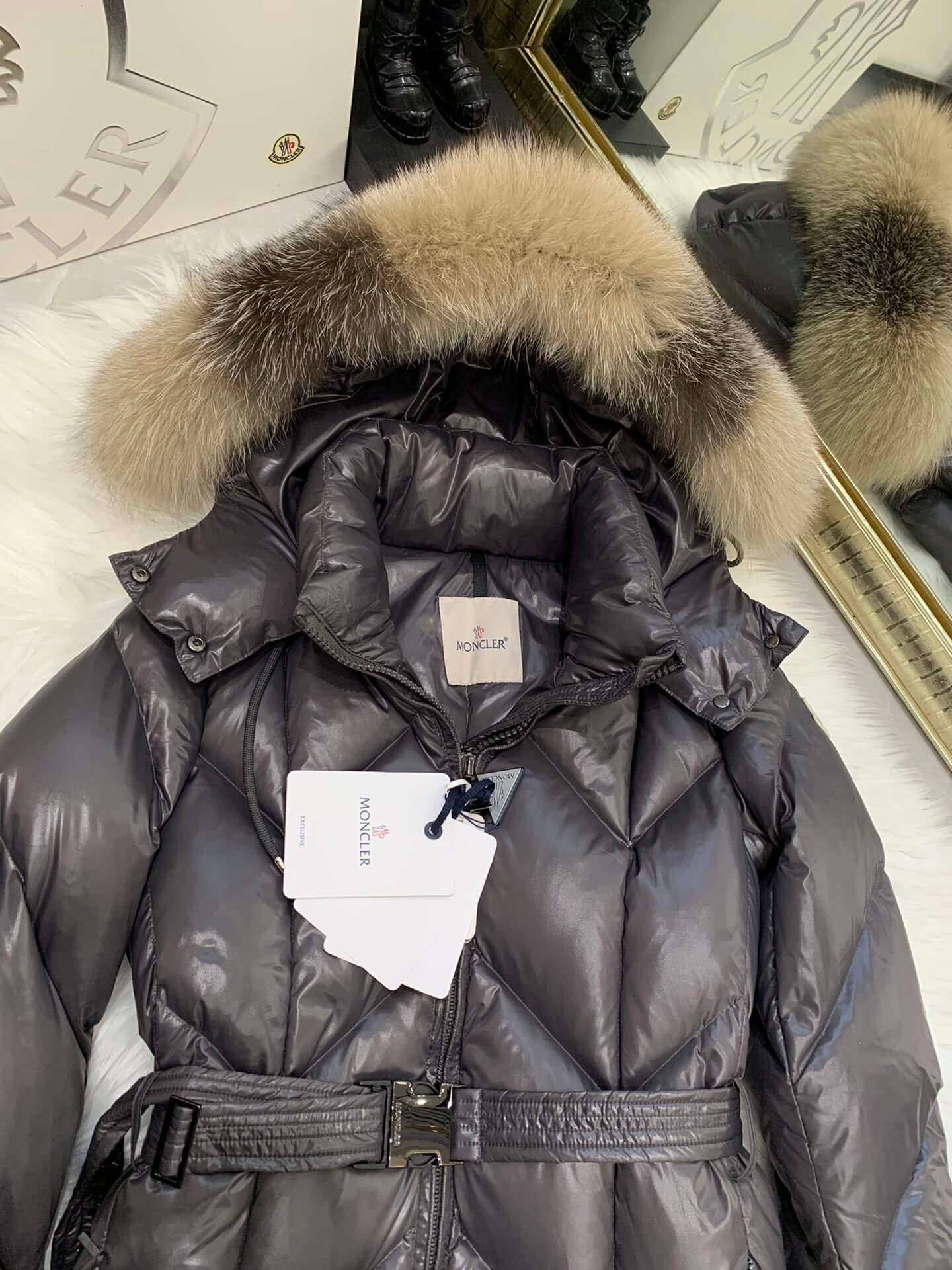 Moncler New Knee-Length Women's Down Jacket in Grey