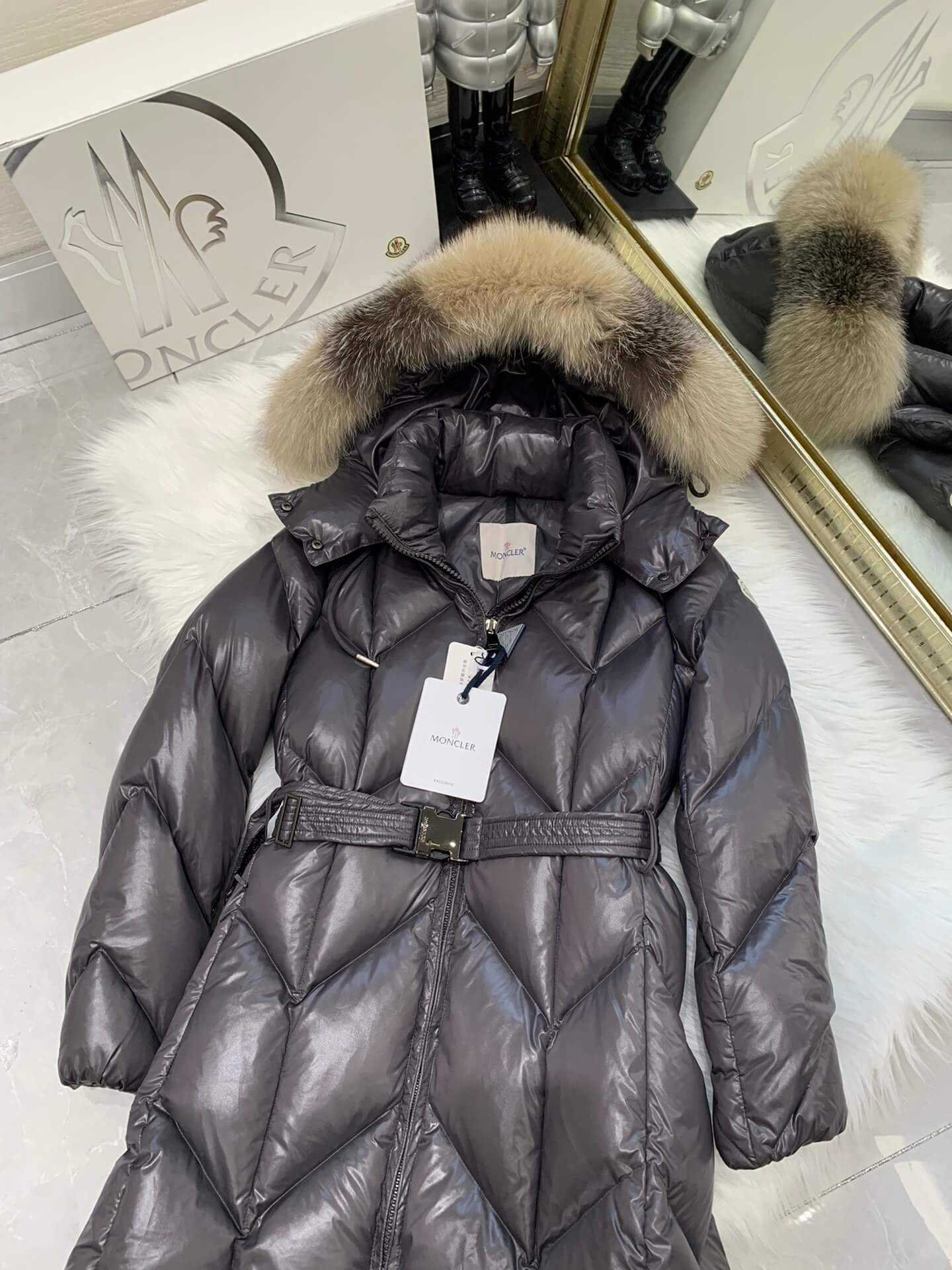 Moncler New Knee-Length Women's Down Jacket in Grey
