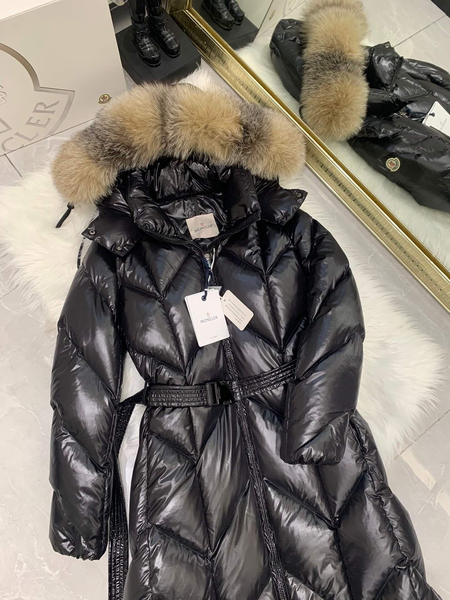 Moncler New Knee-Length Women's Down Jacket in Black