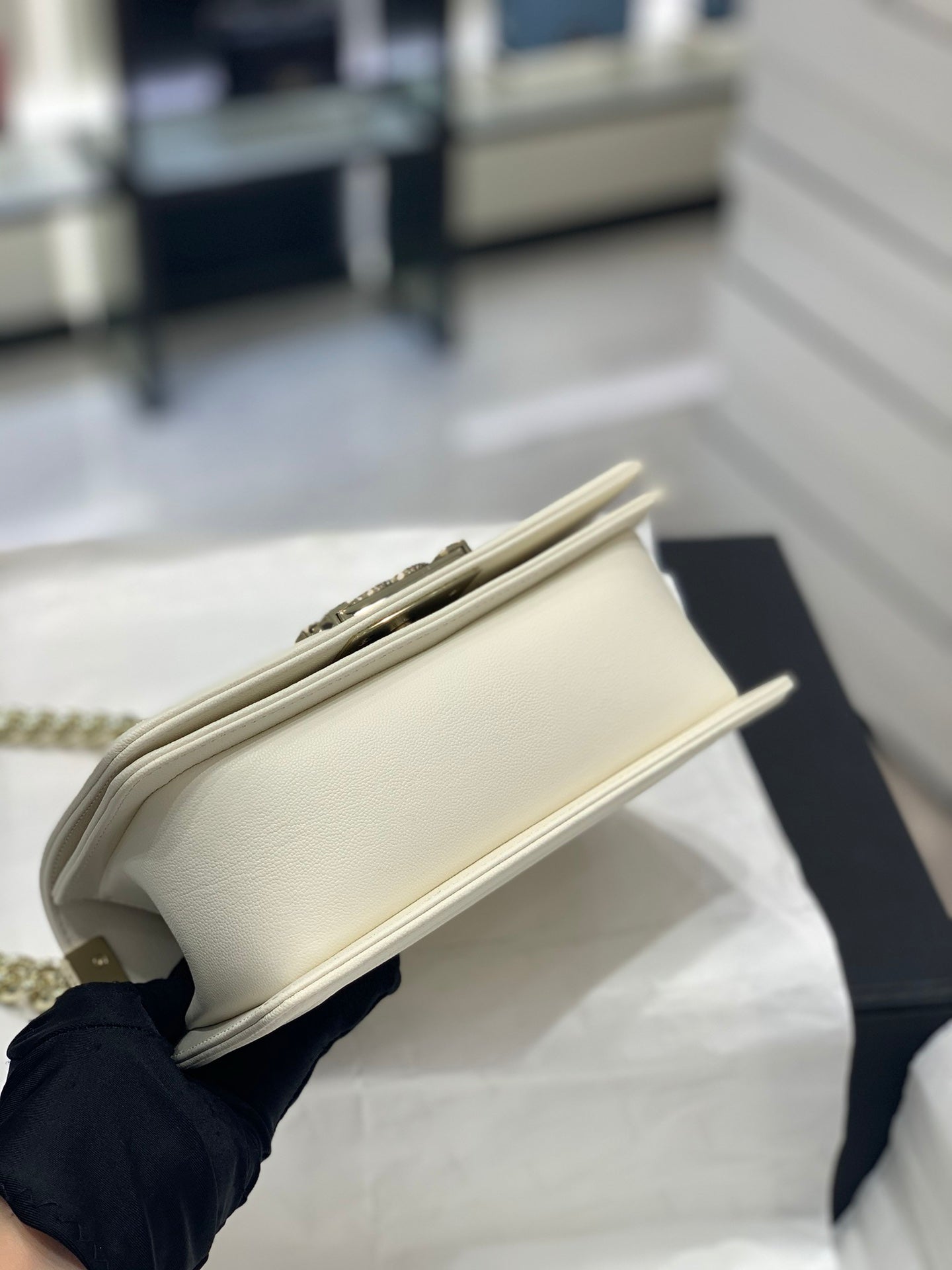 Chanel Leboy Bag White Diamond Quilted Caviar Leather with Light Gold Buckle