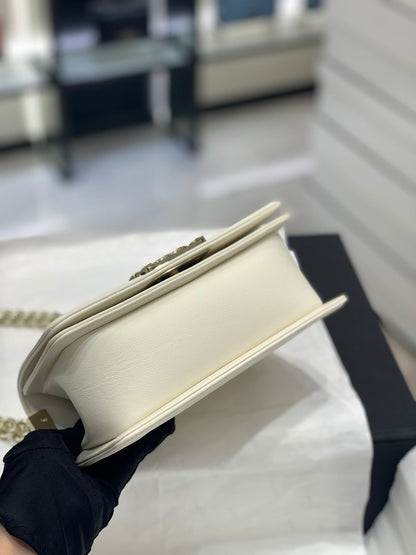 Chanel Leboy Bag White Diamond Quilted Caviar Leather with Light Gold Buckle