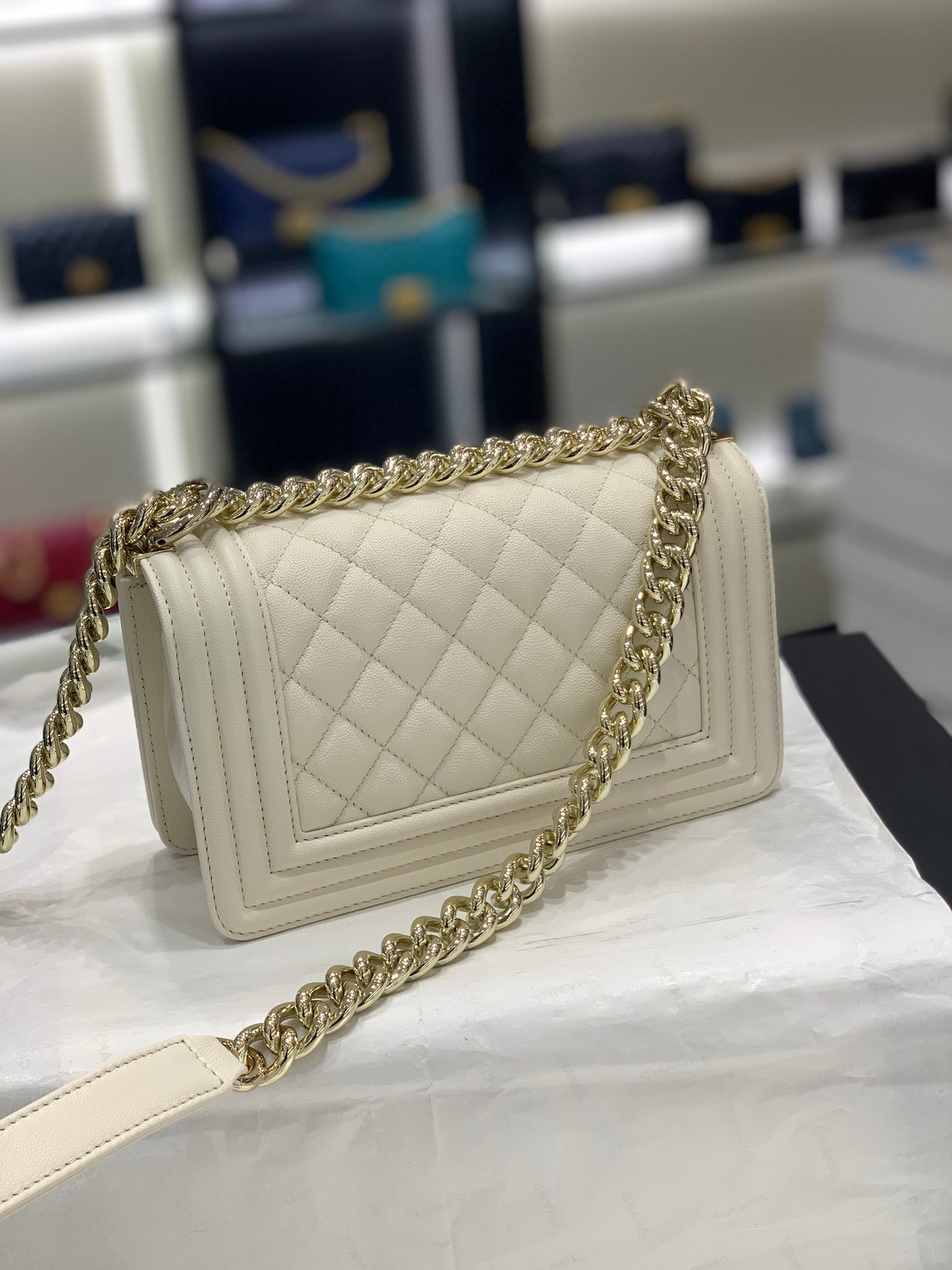 Chanel Leboy Bag White Diamond Quilted Caviar Leather with Light Gold Buckle