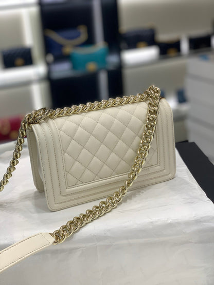 Chanel Leboy Bag White Diamond Quilted Caviar Leather with Light Gold Buckle