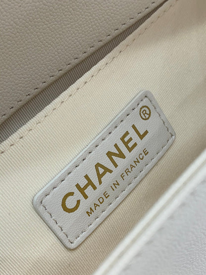 Chanel Leboy Bag White Diamond Quilted Caviar Leather with Light Gold Buckle