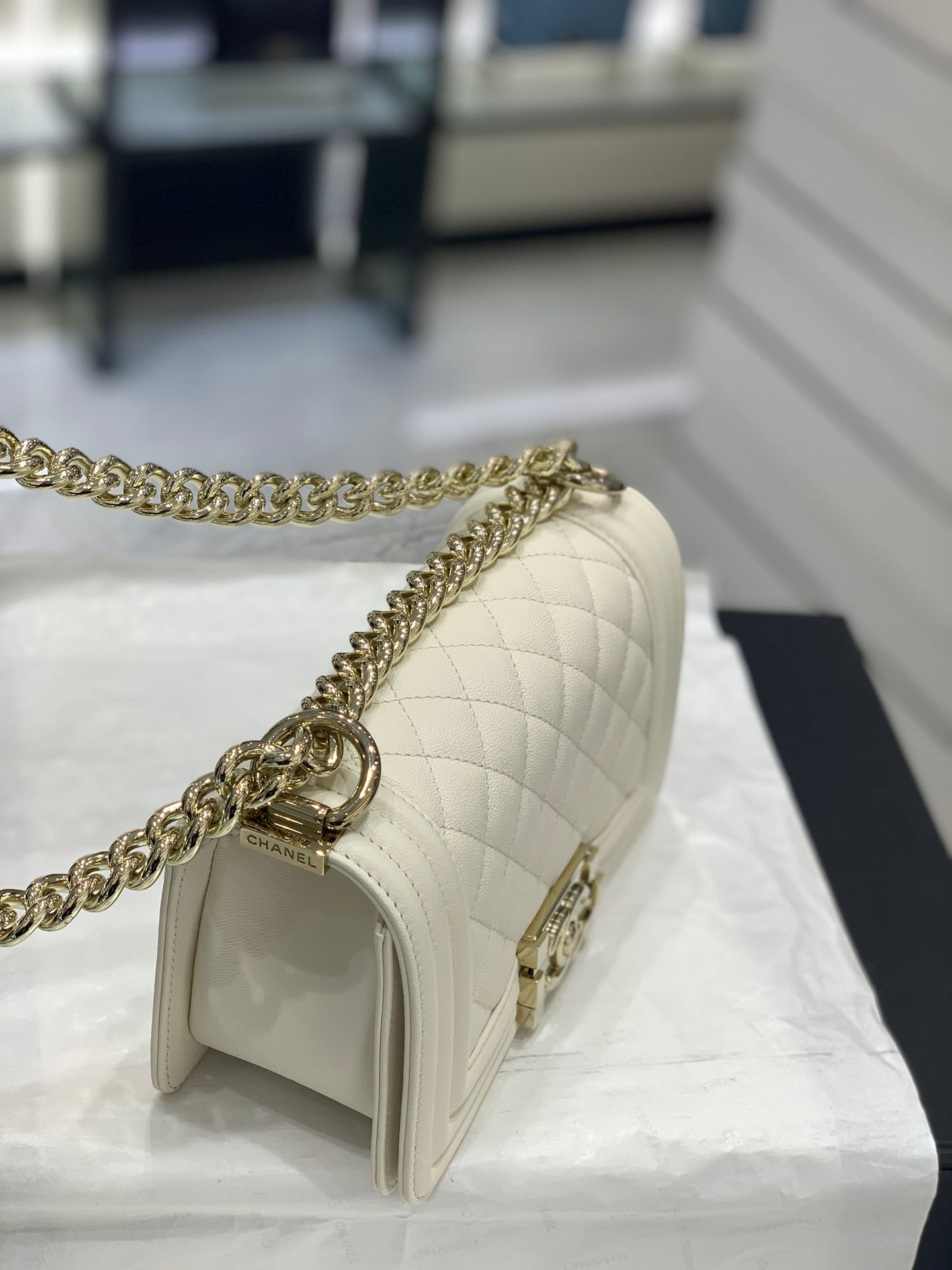 Chanel Leboy Bag White Diamond Quilted Caviar Leather with Light Gold Buckle