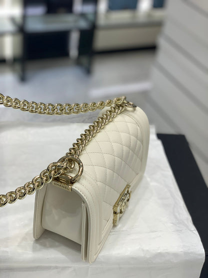 Chanel Leboy Bag White Diamond Quilted Caviar Leather with Light Gold Buckle