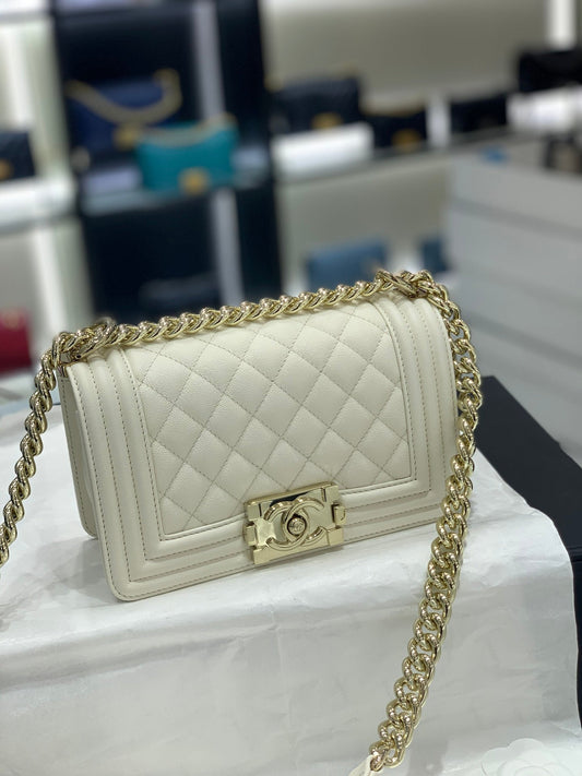 Chanel Leboy Bag White Diamond Quilted Caviar Leather with Light Gold Buckle