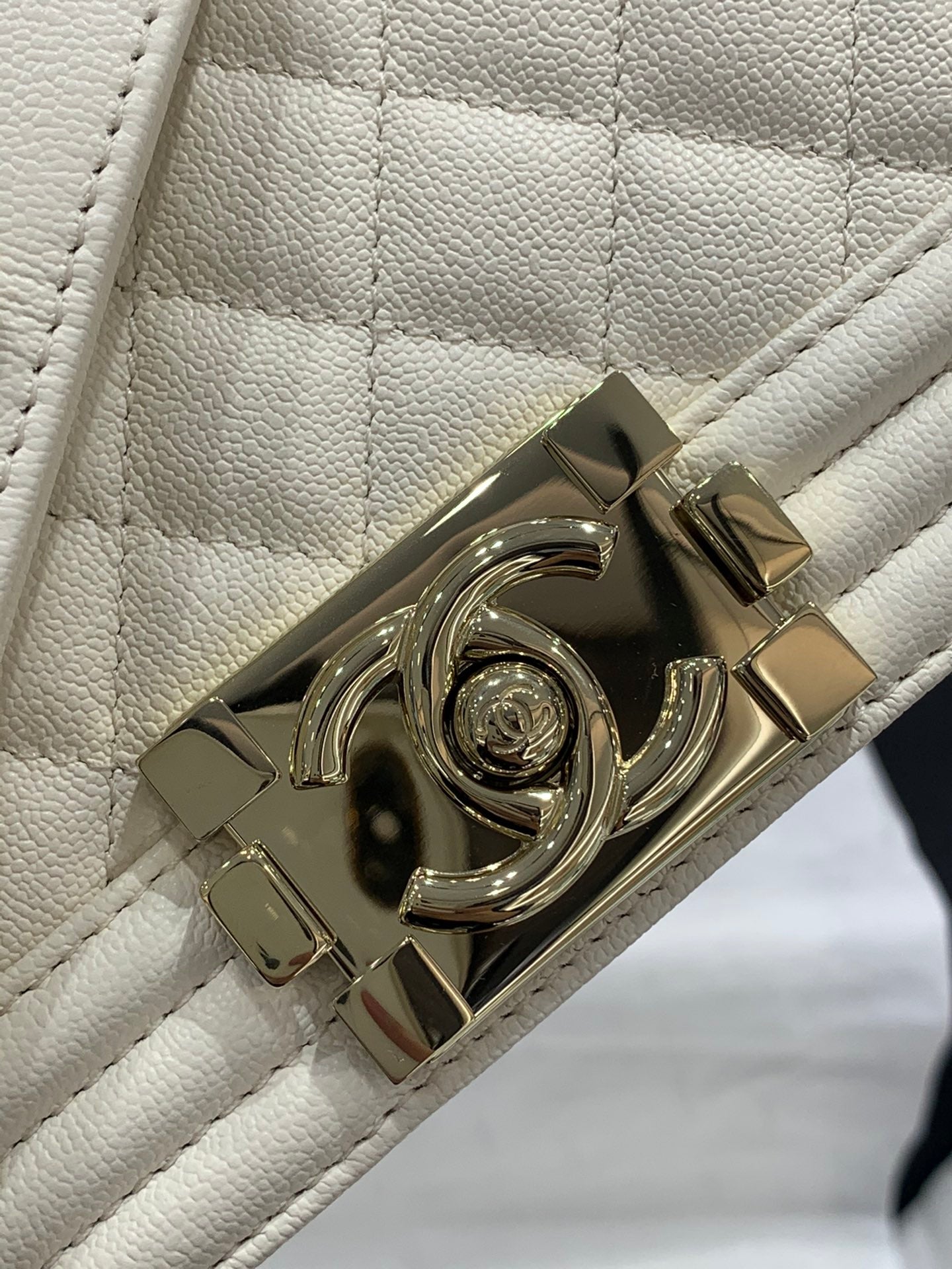 Chanel Leboy Bag White Diamond Quilted Caviar Leather with Light Gold Buckle