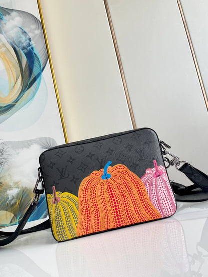 LV TRIO Pumpkin Black Flower Messenger Bag