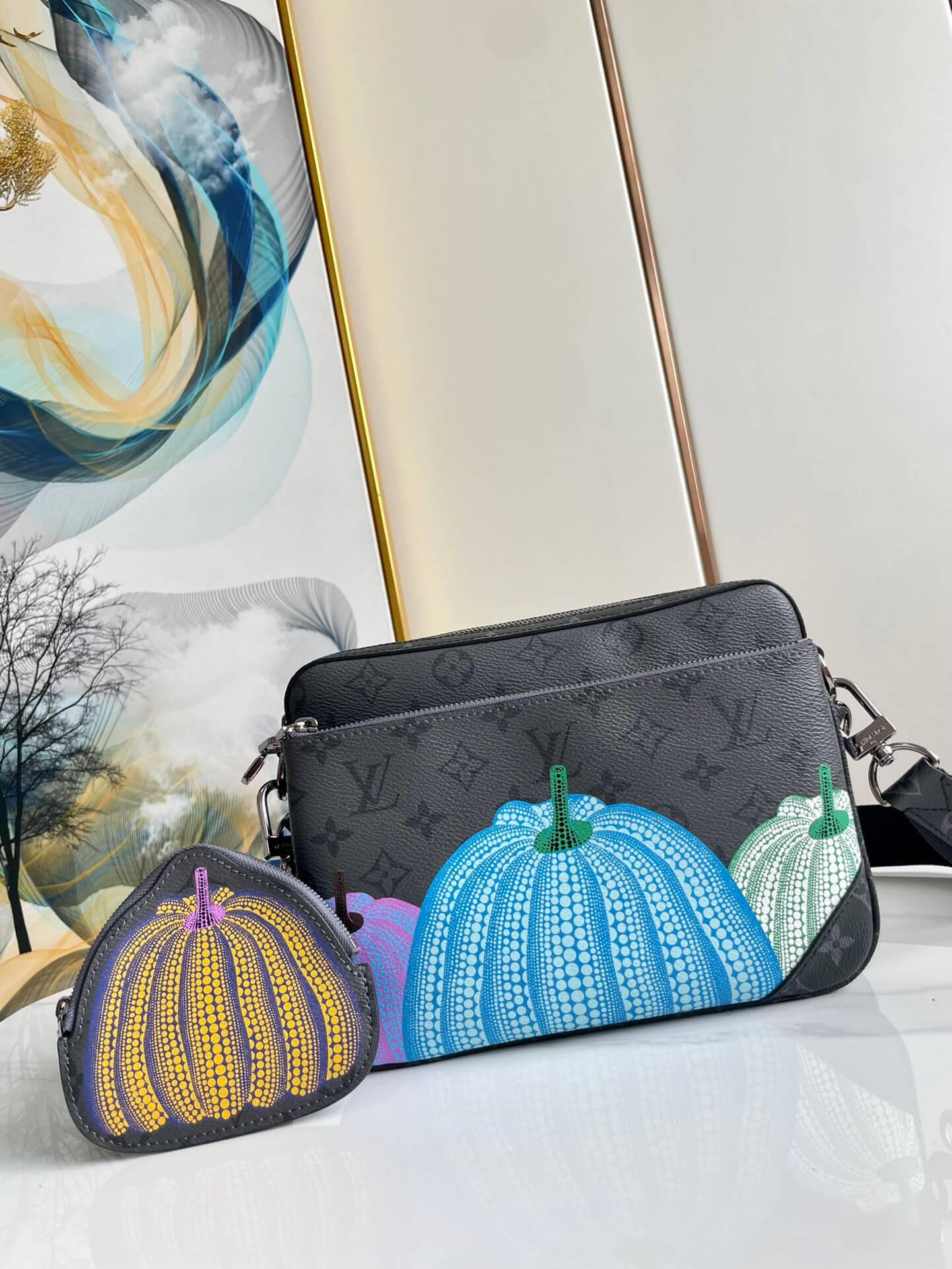 LV TRIO Pumpkin Black Flower Messenger Bag