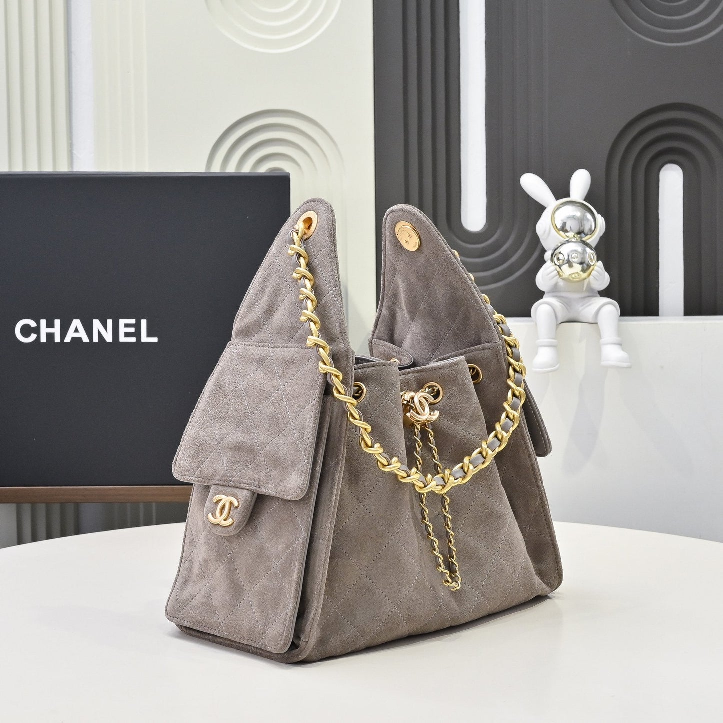 Chanel 25c Hobo Drawstring Taupe Grey Handbag