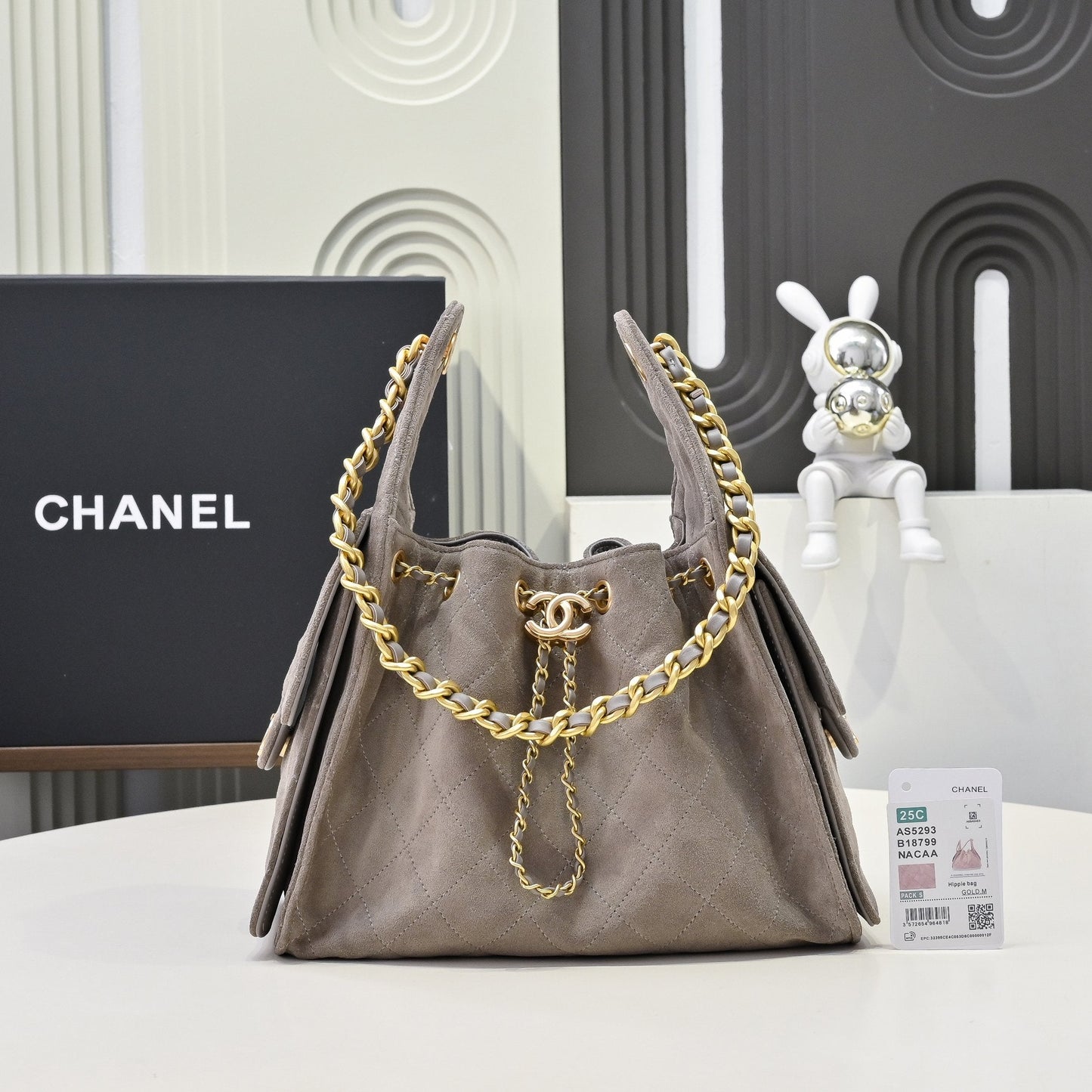 Chanel 25c Hobo Drawstring Taupe Grey Handbag